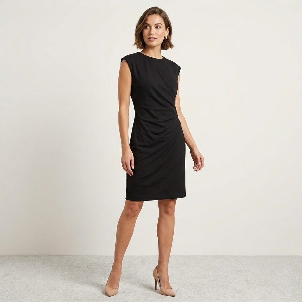 Contemporaine Dress Womens Medium Black Ruched Sheath Workwear Professional‎